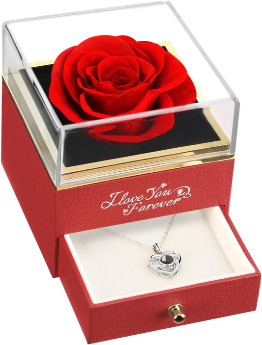 ASELFAD Valentines Day Gifts for Her Preserved Real Red Rose with I Love You Necklace, Forever Flowers Rose Gifts for Mom Wife Girlfriend Mothers Day Christmas Anniversary or Birthday Gifts for Women